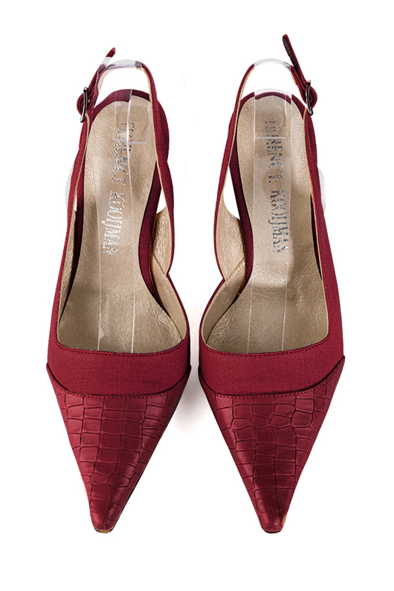 Burgundy red women's slingback shoes. Pointed toe. High spool heels. Top view - Florence KOOIJMAN